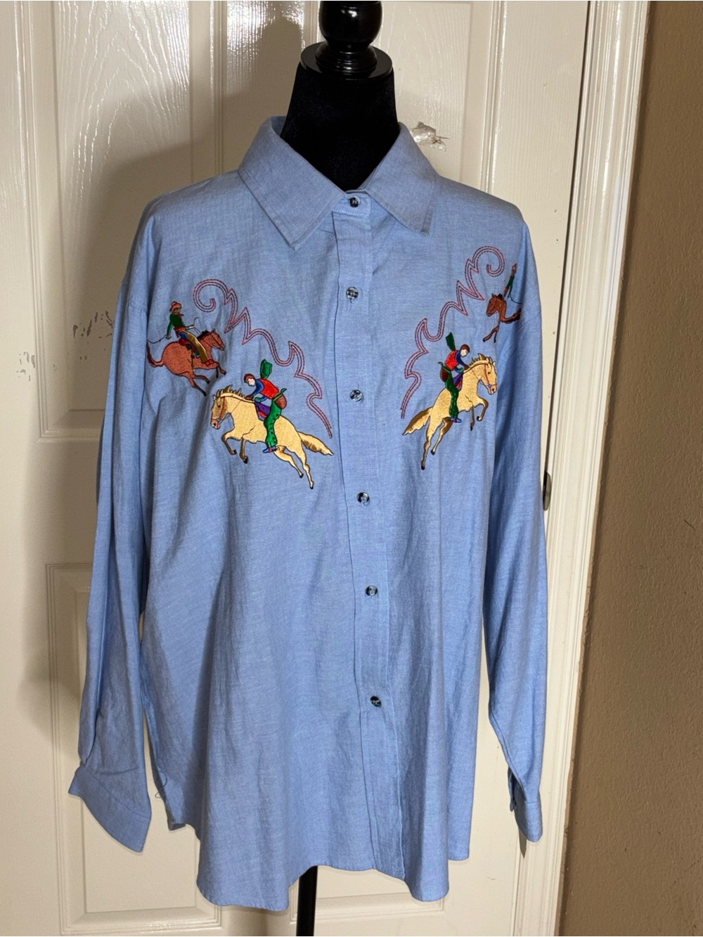 New Vtg Casey Coleman Shirt Women's XXL Western Cowboy Horses Embroidered Blue